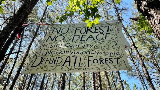 A banner hung near the site of construction.